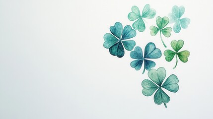 A collection of watercolor clovers in varying shades of green, arranged artistically against a light background.