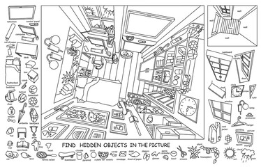 Find and color hidden objects in the picture. Interrior of teenager’s room from above with furniture and home objects. Cozy children room. Linear sketch vector illustration
