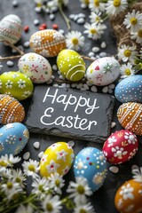 Colorful decorated easter eggs with daisies surrounding a slate board with 'happy easter' greeting