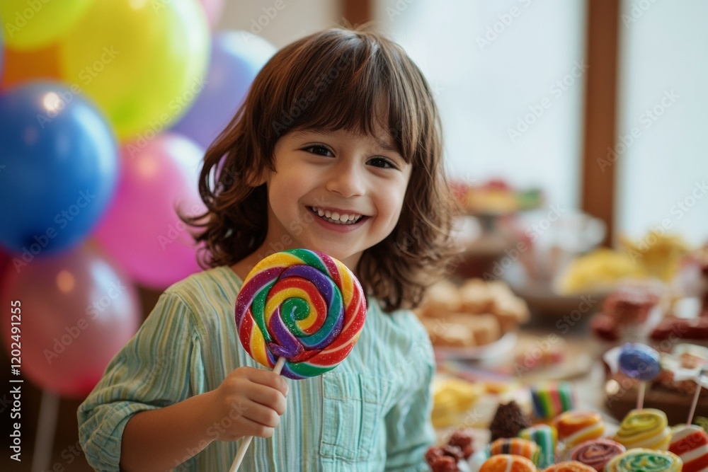 Poster a cheerful child holds a vibrant lollipop while surrounded by an array of desserts and bright balloo