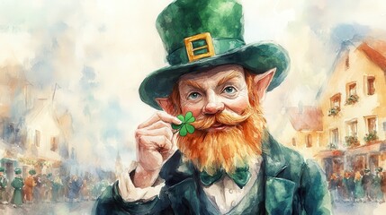 A cheerful leprechaun in a green hat holds a shamrock, set against a festive, colorful background reminiscent of a lively celebration.