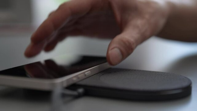 Close-up cropped shot of unrecognizable man placing mobile phone onto modern wireless charging pad, emphasizing seamless convenience and innovation of today technology. Shooting in slow motion.