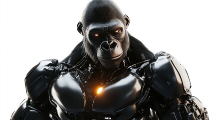 Powerful gorilla in futuristic armor, intense gaze.
