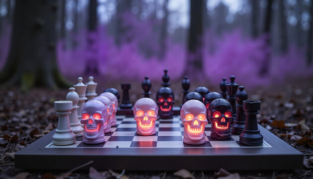 Eerie chess game with glowing skull pieces in dark forest, haunting atmosphere - Powered by Adobe
