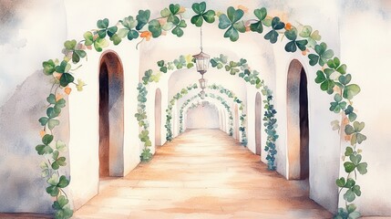 Fototapeta premium A serene hallway adorned with lush green vines, creating a peaceful and inviting atmosphere.