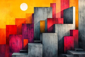 Abstract Geometric Cityscape Sunlit Blocks Design