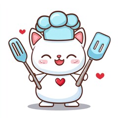 White cartoon cat with chef hat holding spatulas, red hearts as background, kitchen use