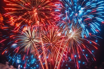 Explosive fireworks display in vivid colors against a dark night sky, celebrating joy and unforgettable moments.