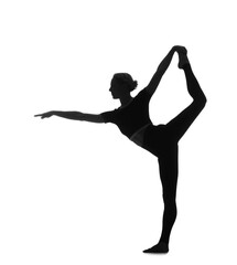 Obraz premium Silhouette of young woman practicing yoga on white background