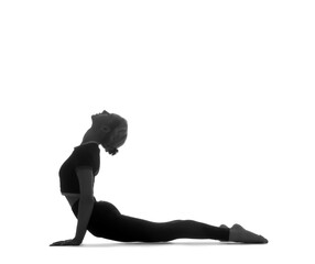 Silhouette of young woman practicing yoga on white background