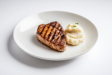  grilled tofu steak, with precise grill marks, is paired with a simple swirl of mashed white sweet potato. The plate is a glossy white ceramic