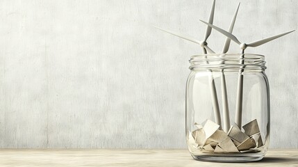 Obraz premium A glass jar containing origami sits on a wooden table alongside a vase with a plant inside