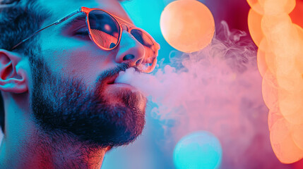 Man with beard, sunglasses, exhales vapor against vibrant, blurred lights.