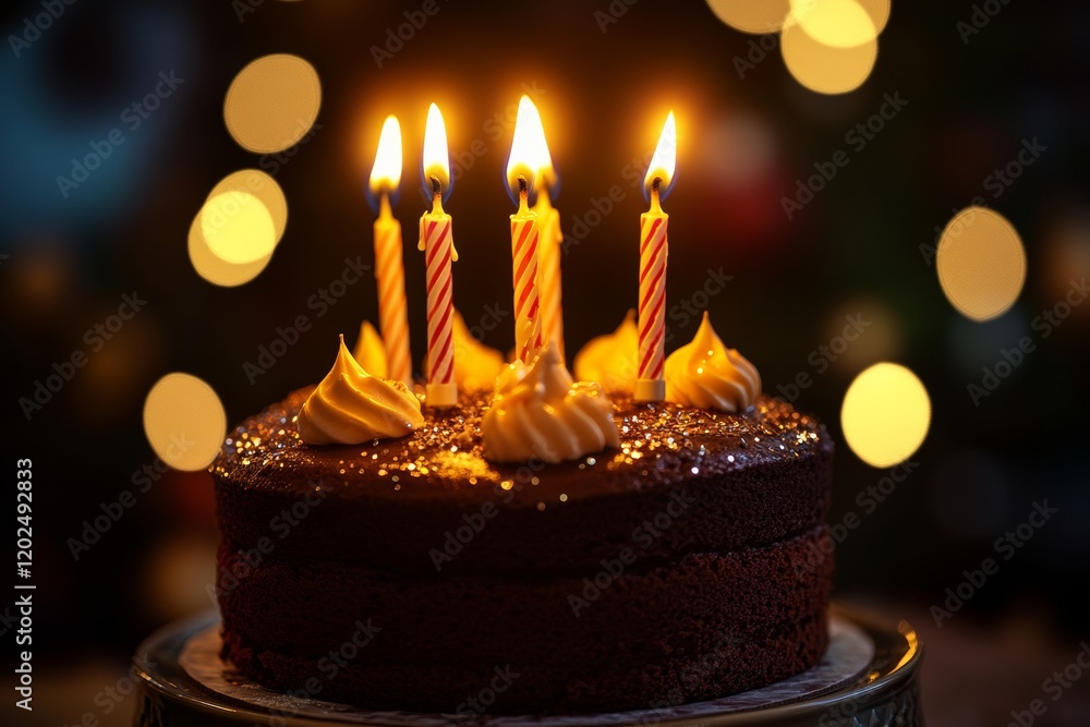 Poster lit birthday candles sparkle brightly atop a decadent chocolate cake, adding warmth and joy to the f