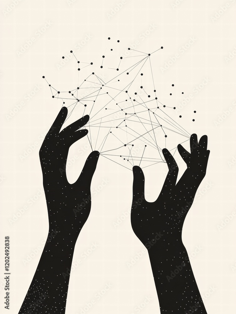 Aufkleber Silhouettes of hands reaching out to connect lines and dots representing networking and collaboration concepts. Generative AI