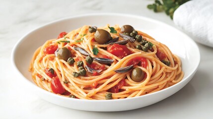 Serving of spaghetti puttanesca anchovies olives capers and tomatoes in a savory sauce