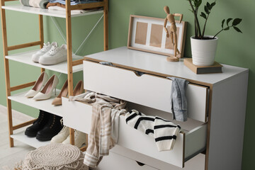 Interior of messy living room with shelving unit and scattered clothes in commode near green wall,...