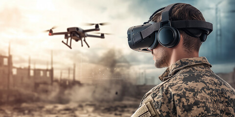 A soldier in military gear uses a virtual reality headset to control a drone in a warzone, set against a desolate landscape under a cloudy sky, symbolizing modern warfare technology.