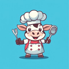 Cow chef holding utensils on blue backdrop, cartoon graphic, kitchen, food, menu