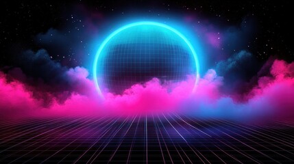 Retro futuristic neon circle above cloudscape.