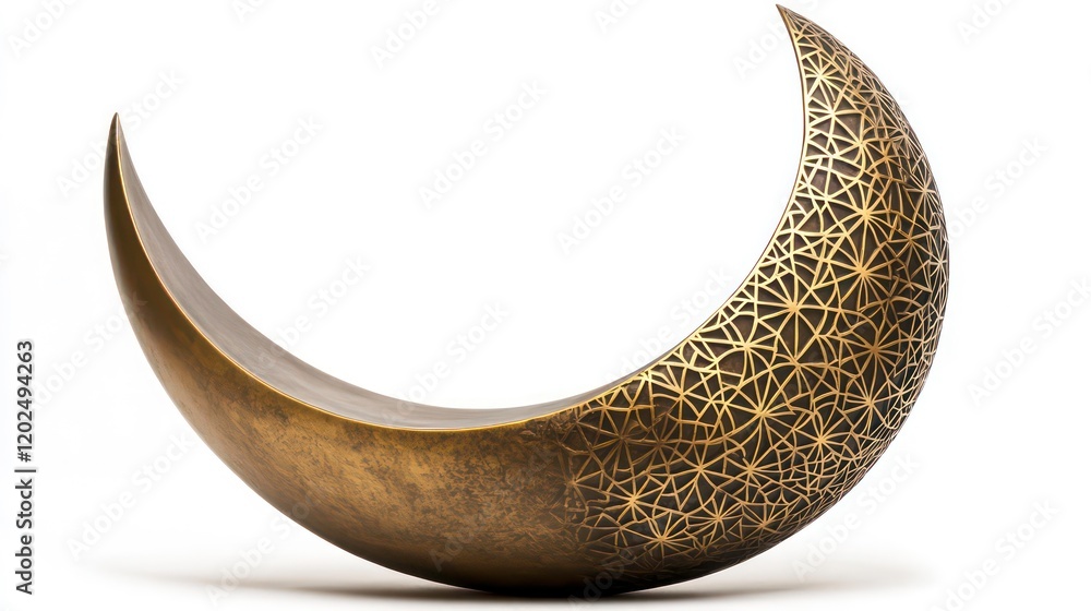 Poster golden crescent moon sculpture with intricate patterns carved across surface. features abstract and 