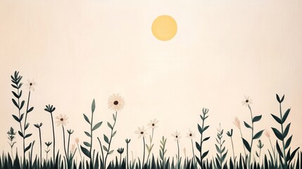 Obraz premium Minimalist illustration of wildflowers and sun.