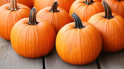 Obraz premium Close-up of multiple vibrant orange pumpkins on a weathered wooden surface.