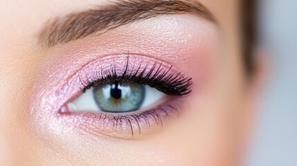Fototapeta premium Close-up of a woman's eye with pink glitter eyeshadow. Beauty, makeup, cosmetics, eye, fashion