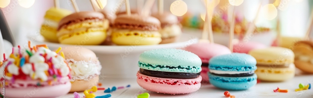 Poster a close-up showcases an array of stylish macarons in assorted colors alongside various desserts arra