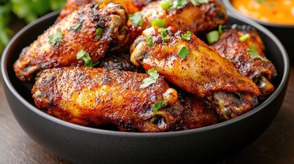 Spicy chicken wings in bowl, close-up, food photography, recipe illustration