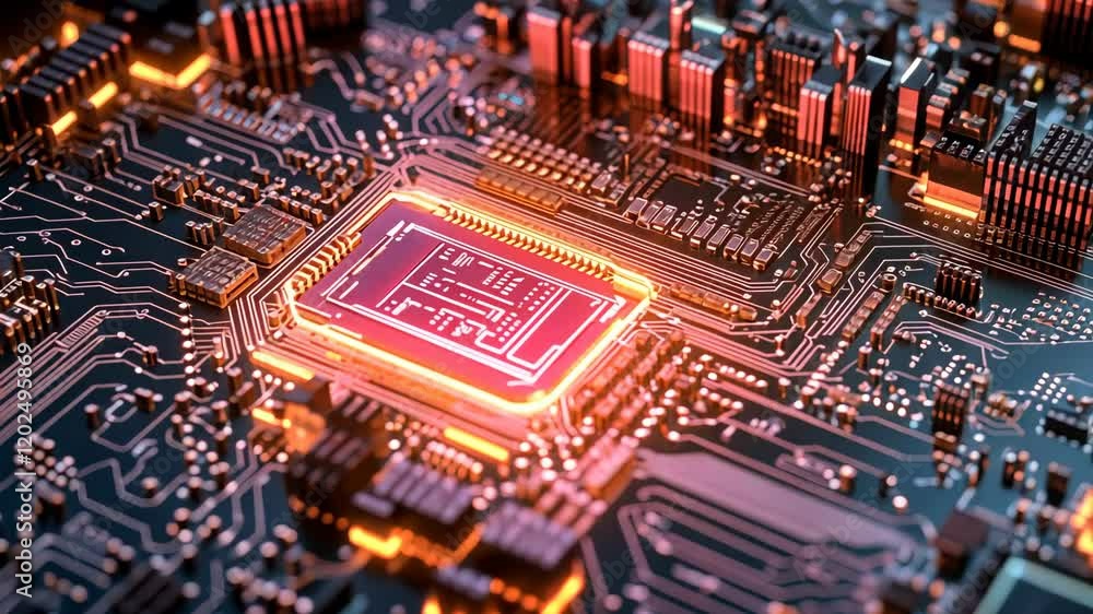 Poster electronic circuit board with a glowing microchip and intricate circuitry at night