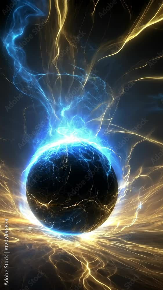 Poster ethereal energy bursts surround a dark sphere, creating a dynamic visual display of blue and gold li