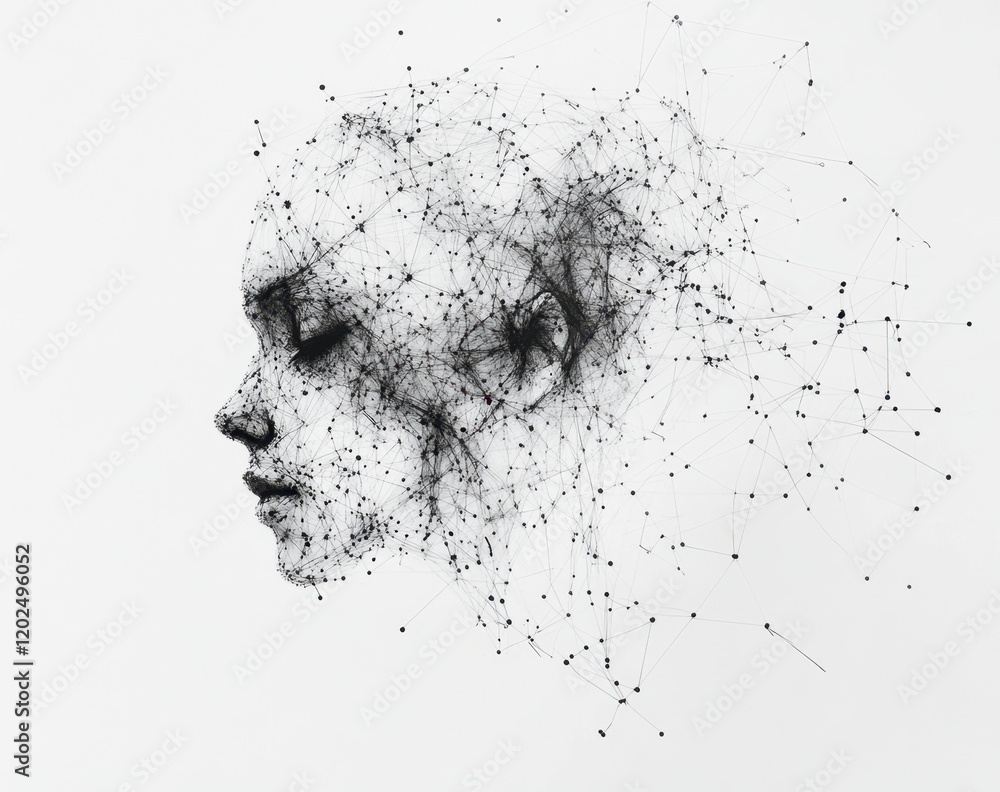 Poster a digital art representation of an ai head, composed entirely from interconnected lines and dots in 