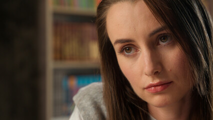 Close up face sad upset Caucasian woman female girl student teacher study learning library school frustrated pensive stressful boring thinking ponder solution university tired college educate problem