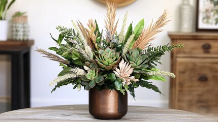 Stunning Succulent and Pampas Grass Arrangement in Copper Vase