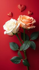 Fototapeta premium A vibrant display of white and peach roses with red hearts on a red background, perfect for celebrating Valentine's Day, generative ai