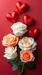 Fototapeta premium White and peach roses surrounded by red sparkling hearts on a bright red background, celebrating love on Valentine's Day, generative ai