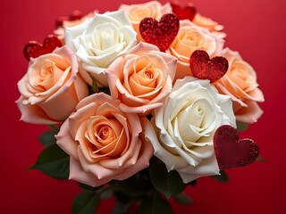 Fototapeta premium A festive arrangement of white and peach roses with red hearts on a red background, designed for Valentine's Day joy, generative ai