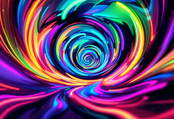 A vivid swirl of neon colors, creating a hypnotic vortex effect, with glowing edges and soft gradients, futuristic and vibrant
