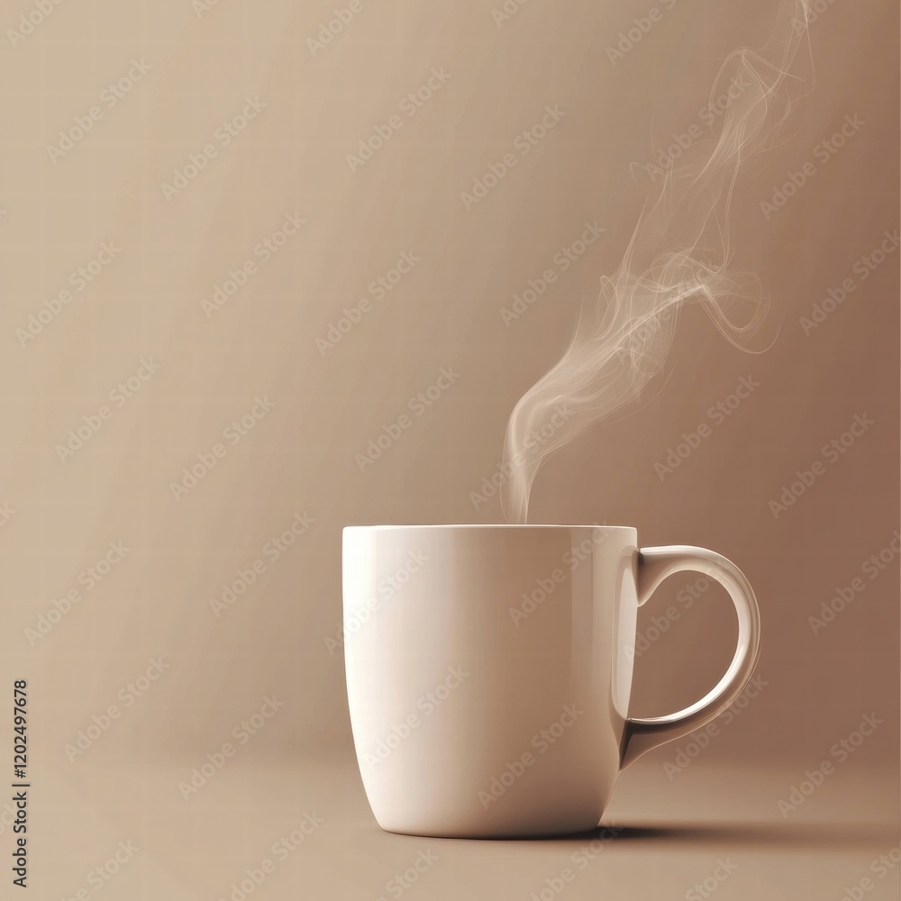 Poster steam rises from a warm cup placed on a simple beige background in a cozy setting during the morning