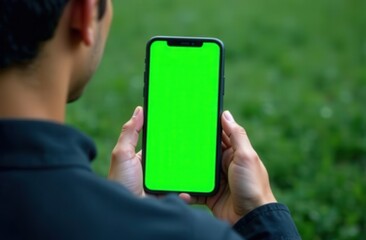 Back view of young man using smartphone with green screen, chroma key mock up display in vertical
