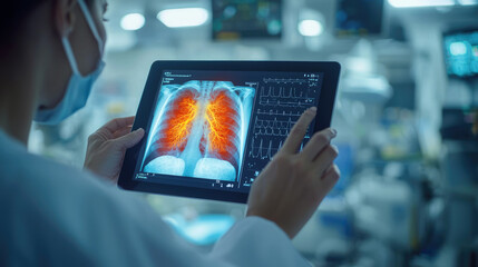 Asian woman analyzing lung x-ray on tablet in hospital room