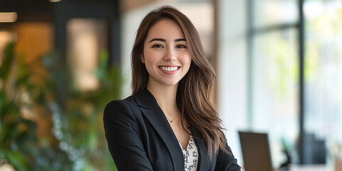 Obraz premium Confident young businesswoman smiling in a bright modern office with natural light and greenery in the background. A professional corporate portrait capturing success.