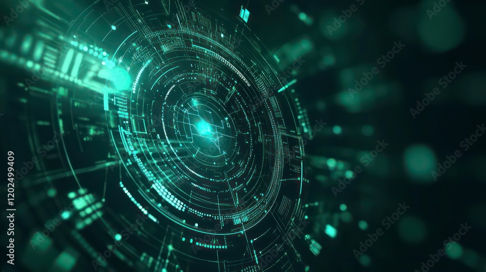Poster green ai text with digital and futuristic elements glowing in the dark, artificial intelligence bann