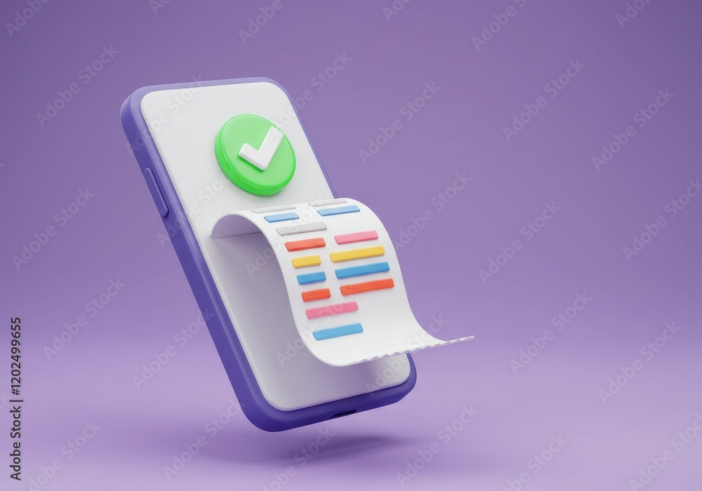 Poster a 3d illustration of a smartphone with a green checkmark icon on the screen ejecting a printed recei