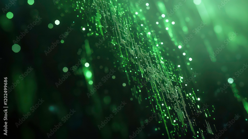 Poster green ai text with digital and futuristic elements glowing in the dark, artificial intelligence bann