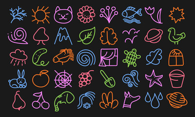 Naklejka premium Forty cute doodles imitating children's drawings. Plants, animals, natural elements. Vector set