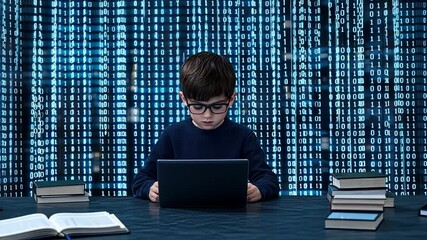 A young boy engages with a laptop in a setting surrounded by binary code, immersed in learning and technology - Powered by Adobe