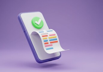 A 3D illustration of a smartphone with a green checkmark icon on the screen ejecting a printed receipt with colorful text