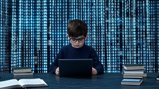 A young boy engages with a laptop in a setting surrounded by binary code, immersed in learning and technology